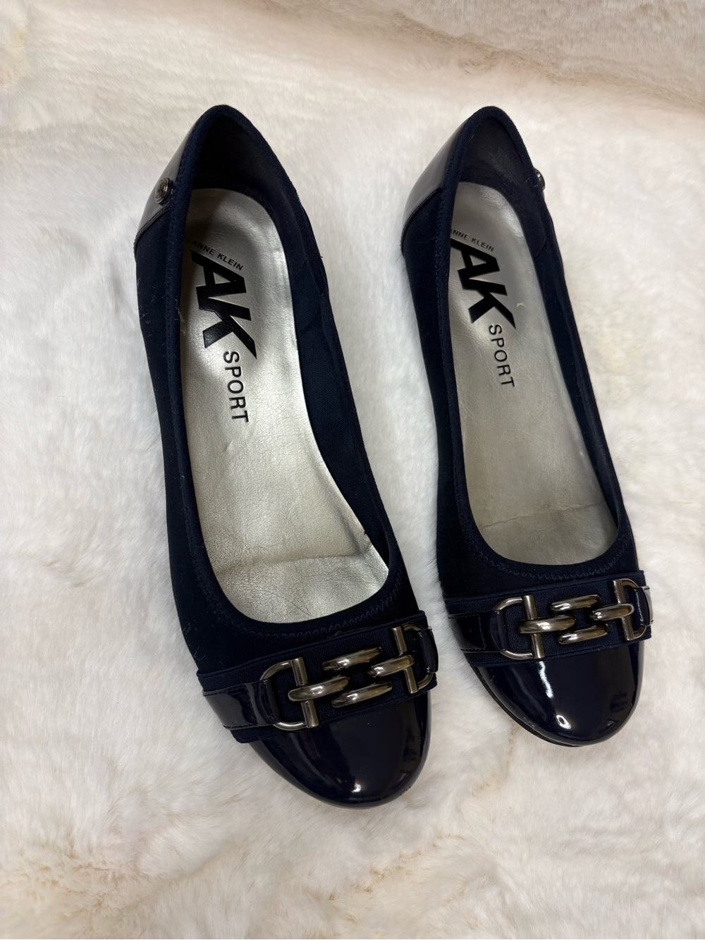 Anne Klein Navy Patent Trim Chain-Detail Ballet Flats
